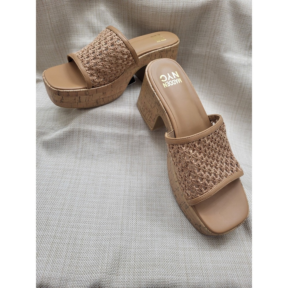 Madden NYC Womens Tan Woven Platform Slide Sandals Cork Block Heel Size 10 NWT